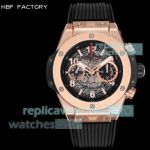 HBF Swiss Copy Hublot Big Bang Unico Rose Gold Skeleton Dial Black Rubber Strap Watch 